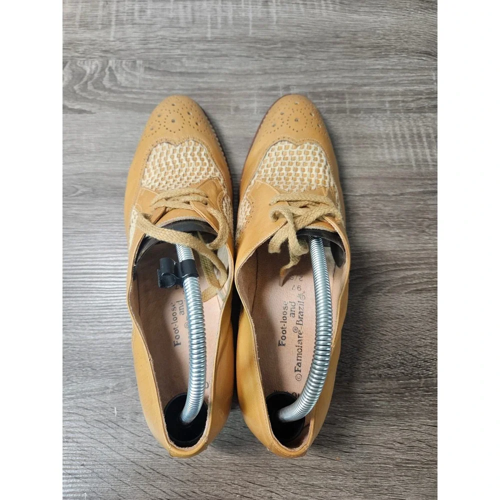 Vintage Famolare Piper Tan Leather Woven Wingtip Oxfords Mens 10.5 M Brazil